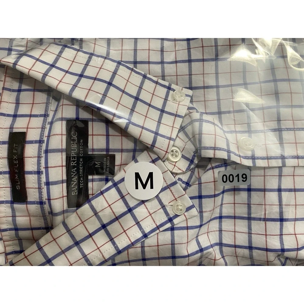 Banana Republic Mens M Slim Flex Fit Tech Stretch Cotton Check Shirt Long Sleeve